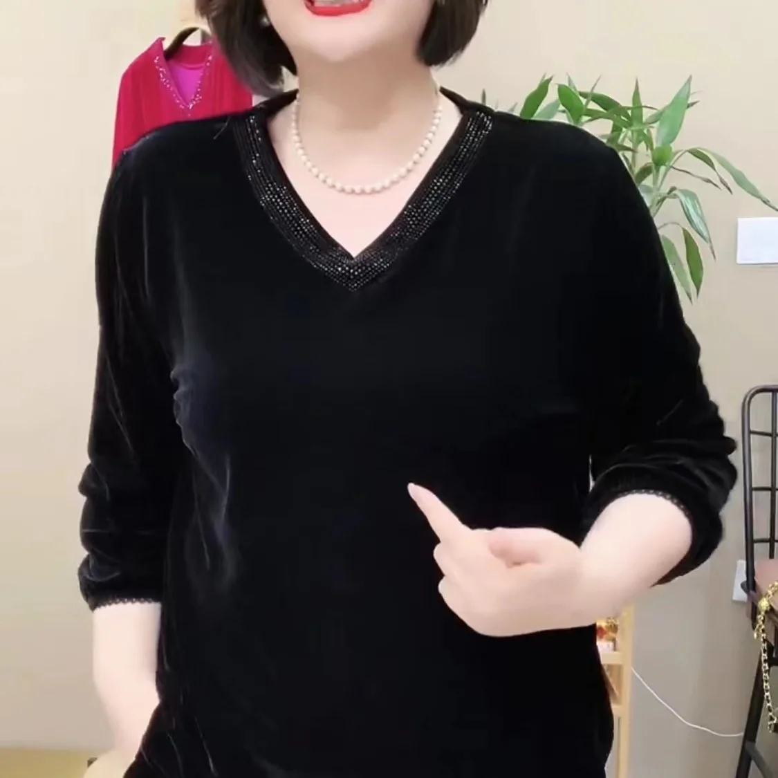 2024 herbst Neue Modische Lose Samt Top für Frauen V-ausschnitt Einfarbig Retro Elegante Pullover – Detail 6