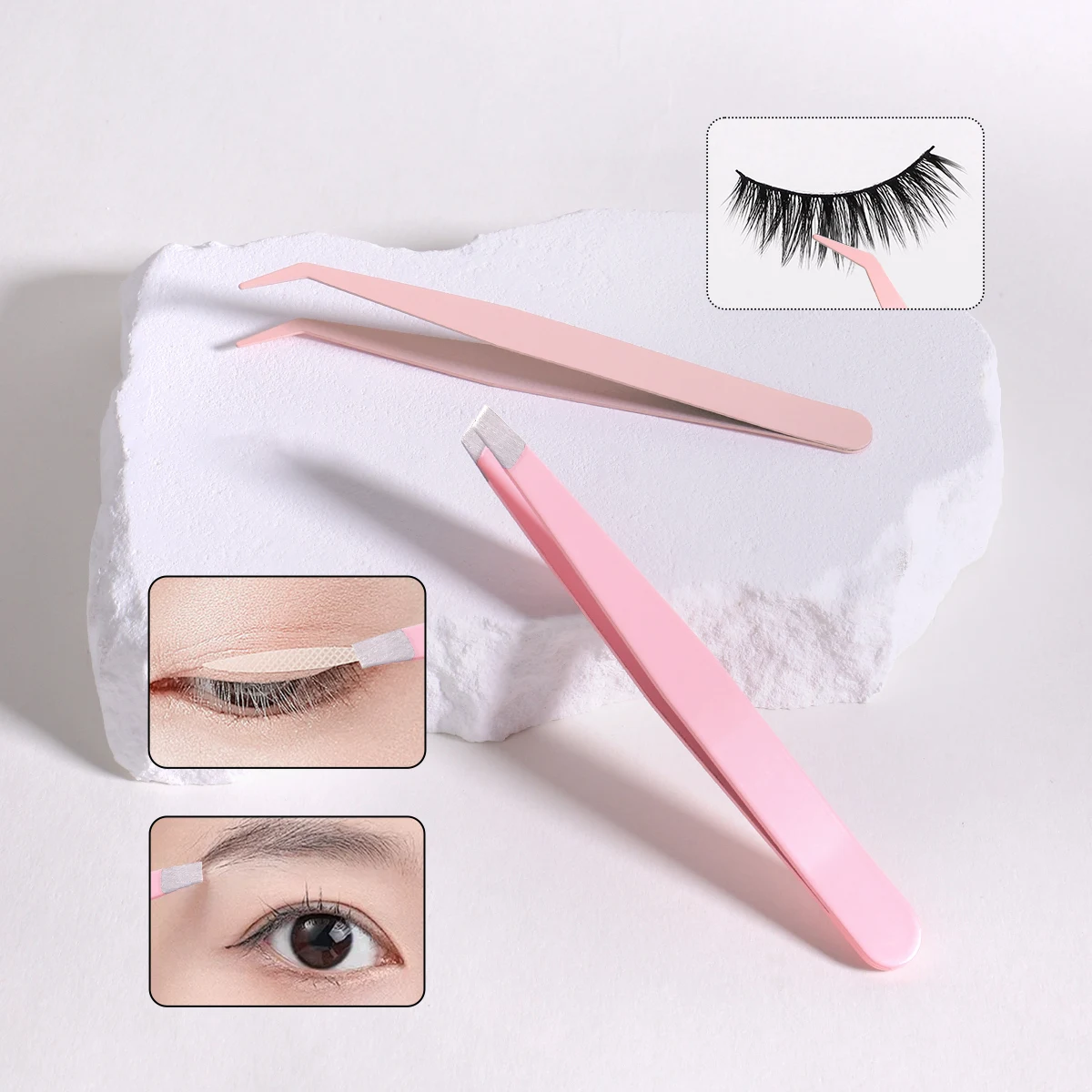 2 tweezers eyebrows plucking false eyelashes tweezers stainless steel precision tweezers curved tip black/pink beauty tools 2