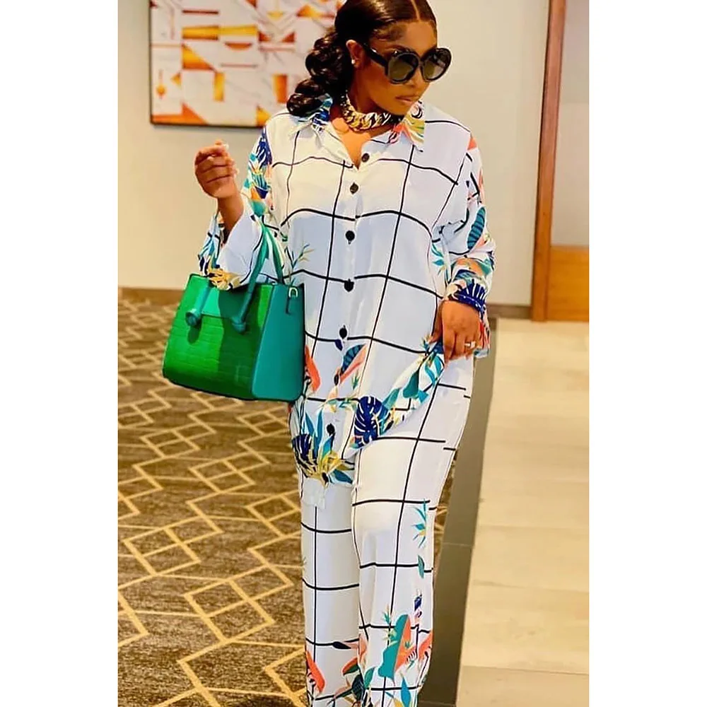 Plus Size Casual Pant Set White Lapel Leaf Print Grid Two Piece Pant Set