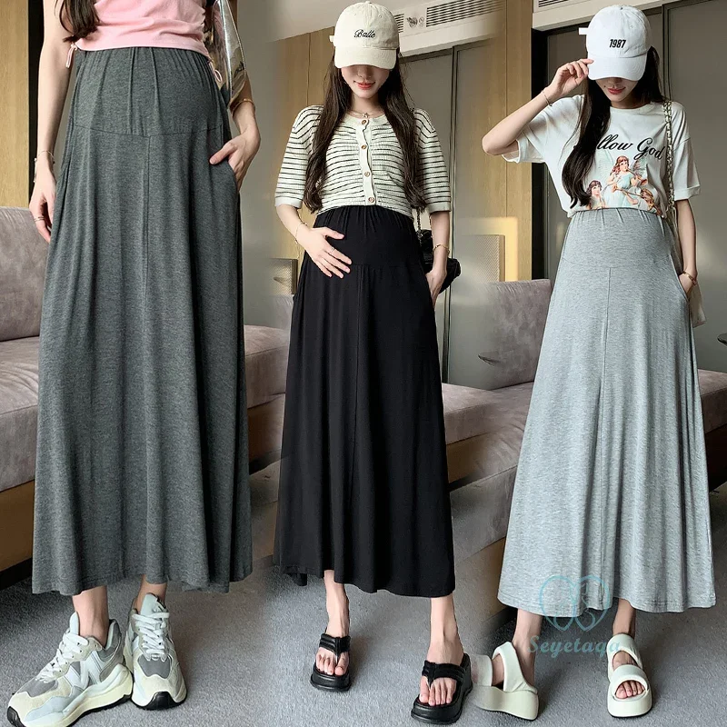 Plus Size Modal Maternity Long Skirts with Pockets Summer Casual Big Bottoming Loose Pregnant Women During Pregnancy 4 Pregnant Women Skirt