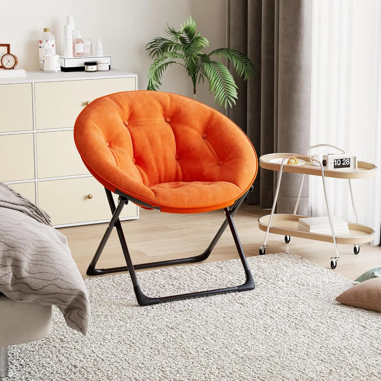 Saucer Chair Klappbarer Kunstfell-Loungesessel mit Metallrahmen, Tragbarer Weich Gepolsterter Sitz Gemütlicher Mondsessel für Wohnzimmer und Studentenwohnheim – Detail 4