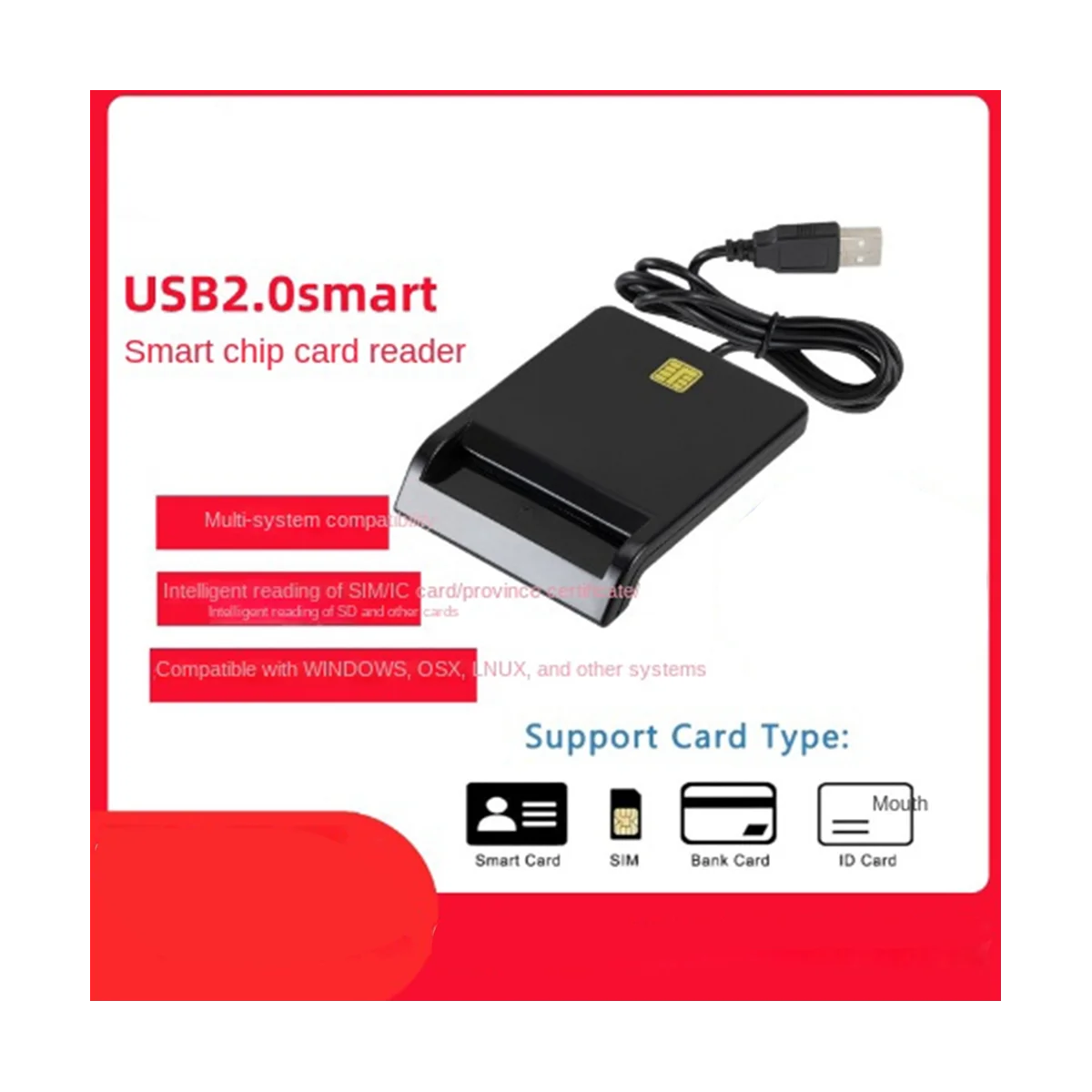 

USB Smart Card Reader Atm Bank Tax Declaration Ic Card ID Card Smart Card Reader(Black)