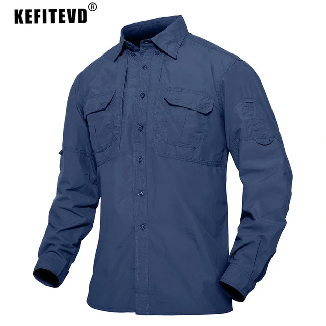 KEFITEVD Multi-Pocket Outdoor Quick Dry Hiking Shirts Mens Work Shirts  Fishing Camping Trekking Long Sleeve