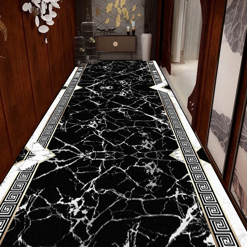Luxury Black Gold Marble Long Corridor Carpet Hotel Aisle Runner Rug Living Room Decoration Hallway Non-slip Mat Customizable 3