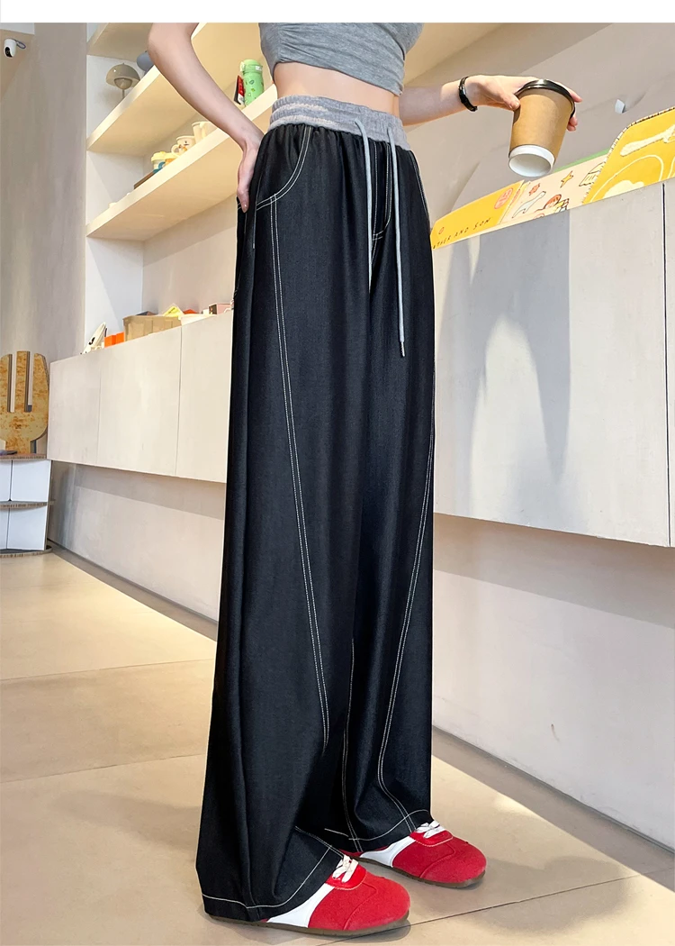 Description Picture 6 of item2025 New Spring Summer Vintage Patchwork Women's Wide Leg Full Pants High Waist Lace-up Female Elegant Straight Loose Trousers