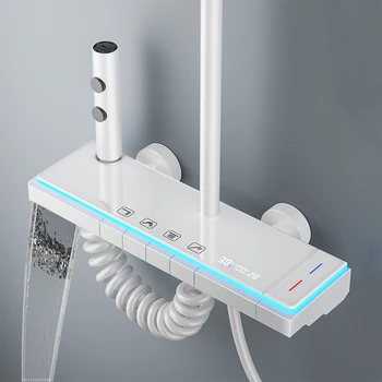 Bagno moderno Sistema doccia Set Pannello in vetro Vasca da bagno Display a LED a pioggia Miscelatore doccia a pioggia Rubinetto termostatico con luce risparmio idrico pressurizzato Per rubinetti da bagno 1