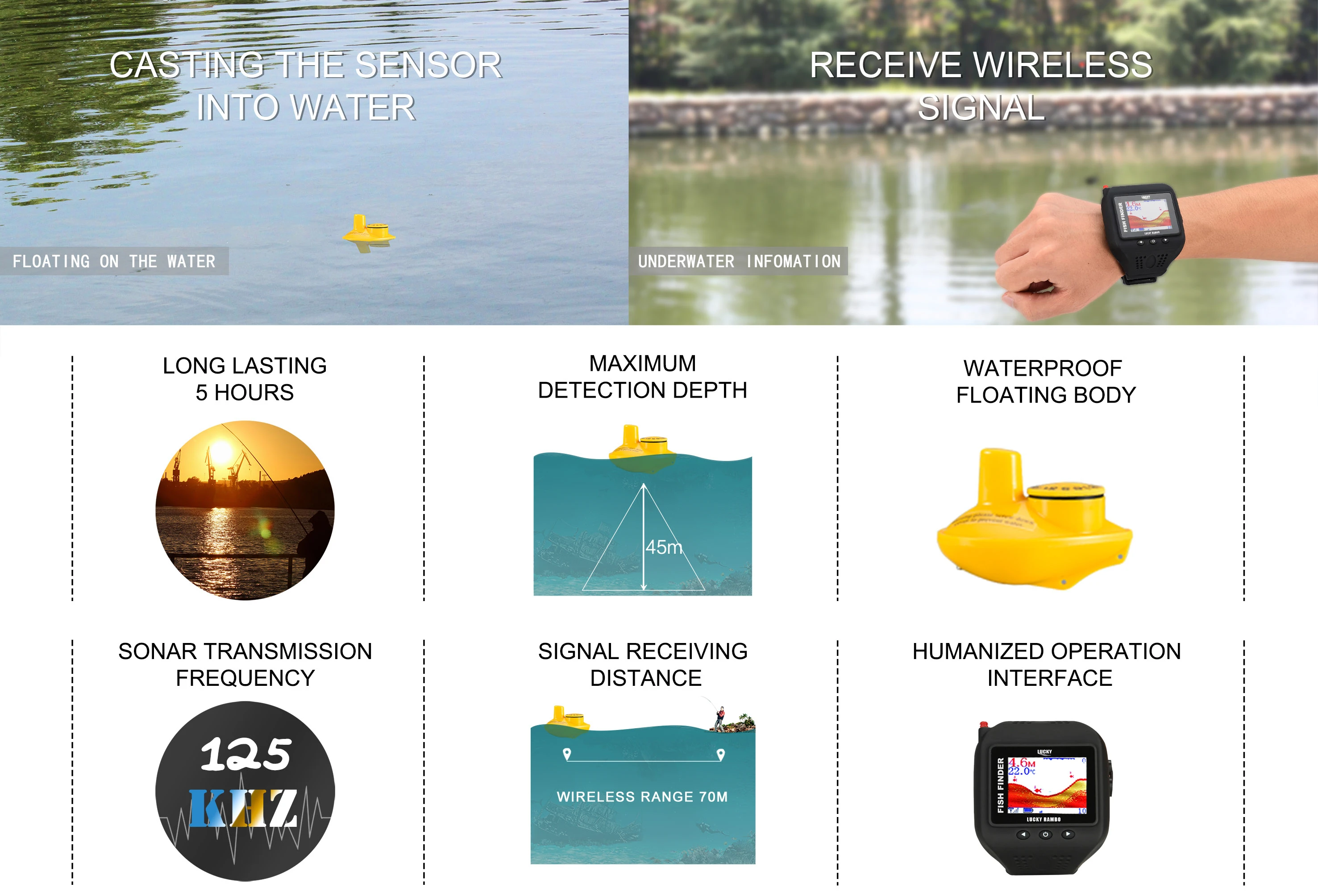 FF518 WRIST WATCH Wireless 45M sonar fishing finder CLOCK Mode