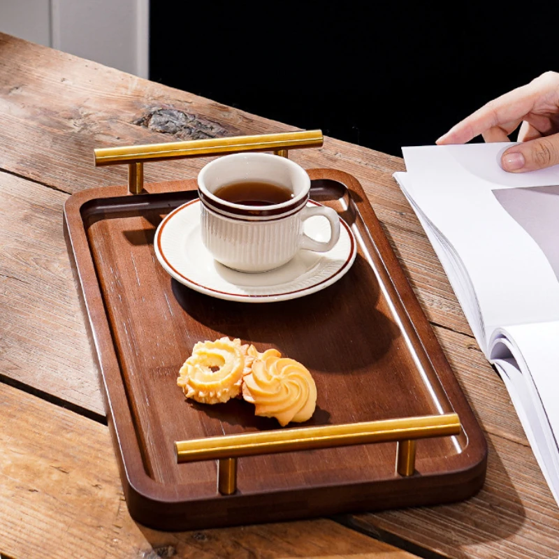 Wooden Tray with Golden Metal Handle for Water Cup Fruit Food Bread Sundries Serving Tray Household Organizer 3