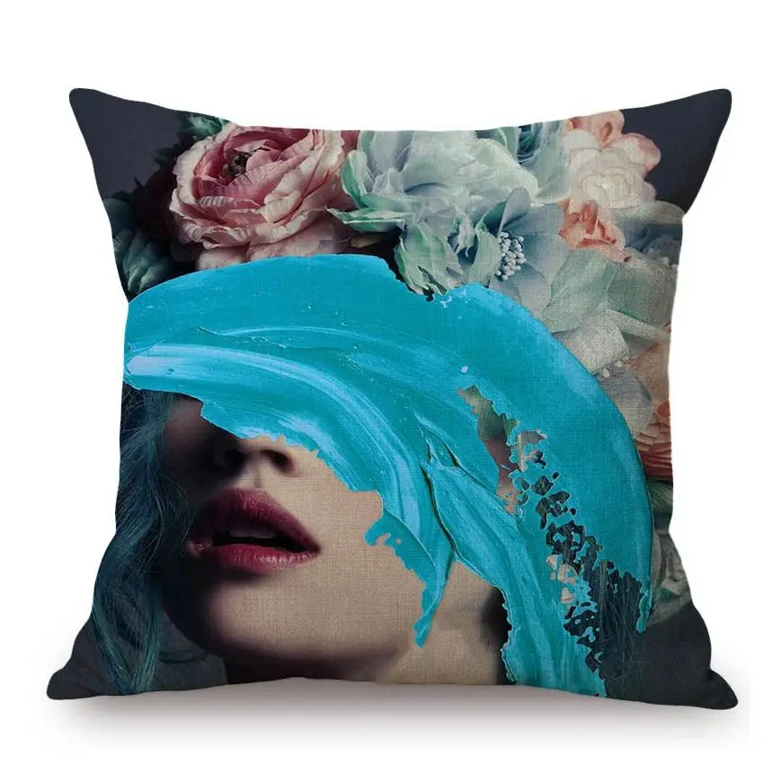 

Modern Art Fashion Lady Girl Floral With Gold Paint Blind Eyes Mild Luxury Metallic Art Sofa Cushion Cover Linen Car Pillow Case
