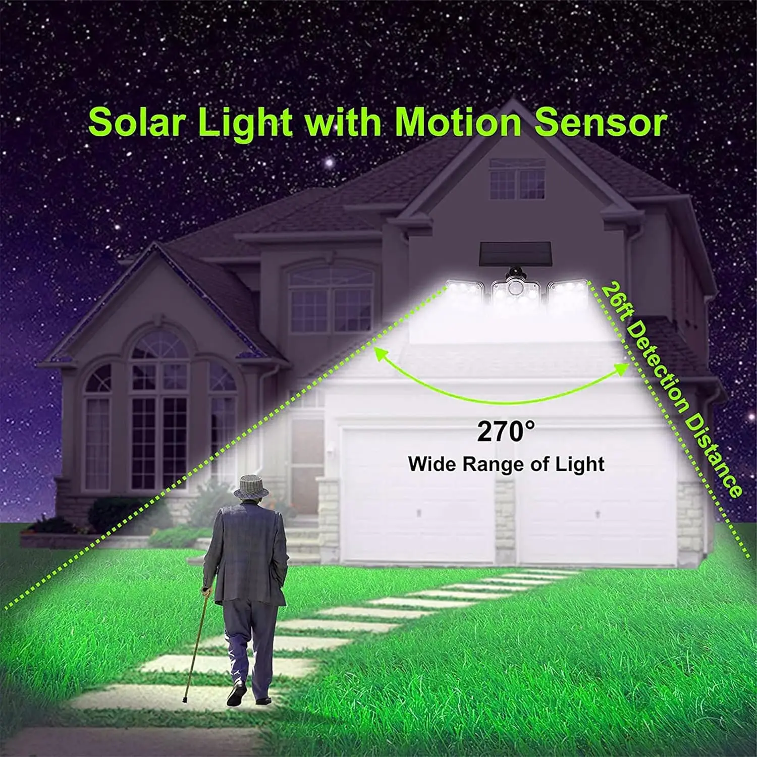 Outdoor Solar Light 3 Head Motion Sensor 270 Wide Angle Illumination Waterproof