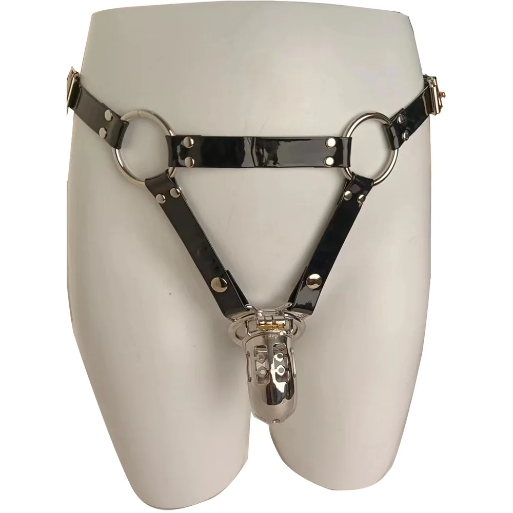 Penis Chastity Cage Male Chastity Lock Wearing Belt Pants Anti-Off Device PU Leather Auxiliary Adjustable Rope Cock Cage Accessories Adults Sex Toys