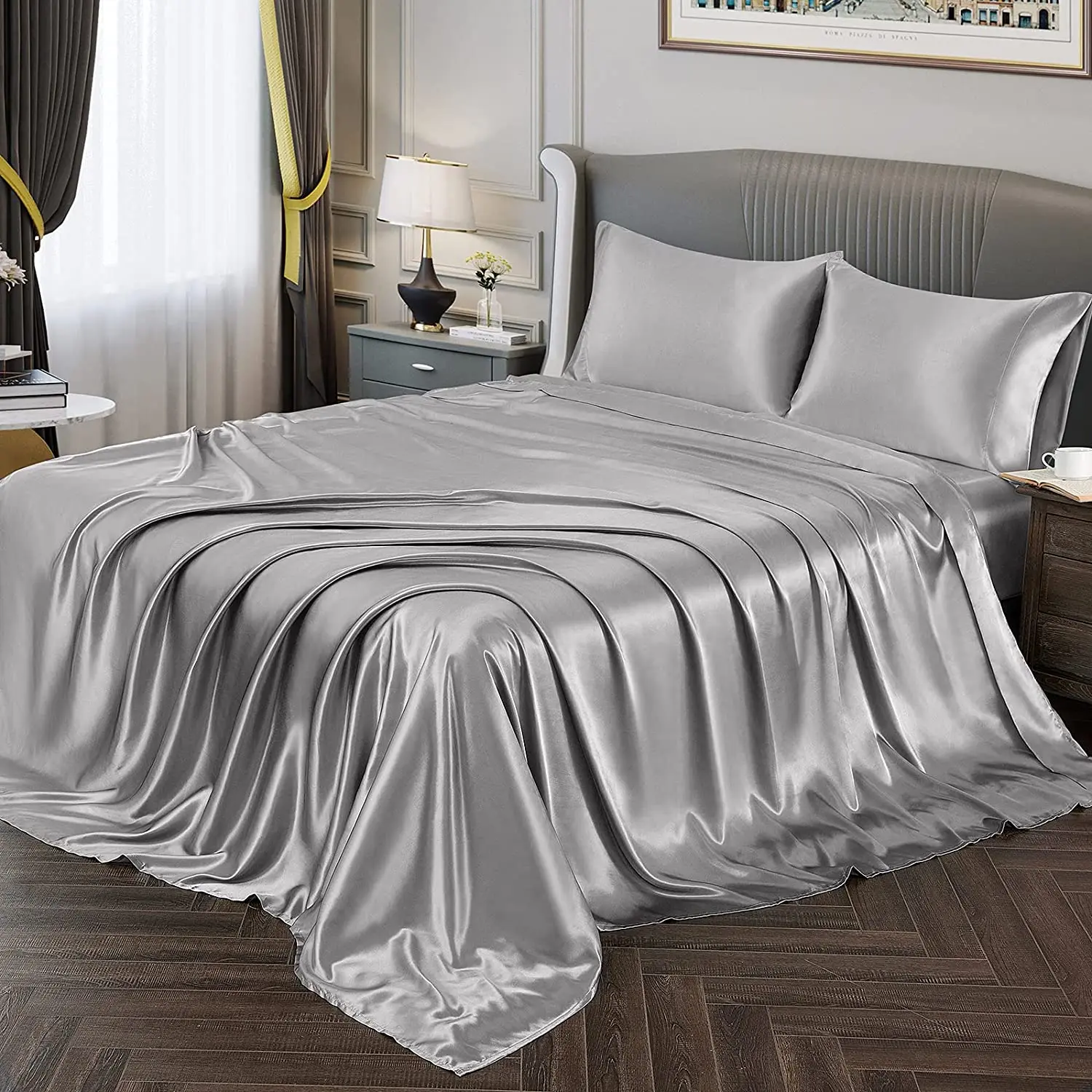 Satin Sheets Silky Soft Satin Bed Sheets Silver Satin Sheet Set,Deep