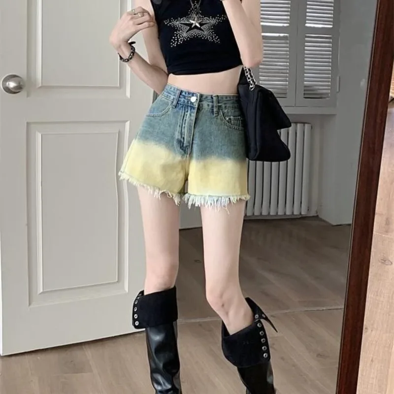 Summer Denim Tassel Gradient Shorts Women Chic Y2k Girls Ulzzang High Street College Fashion Distressed Harajuku Hotsweet Dating