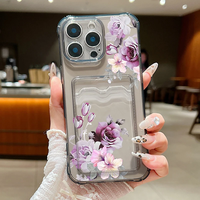 Floral Shockproof Silicone Phone Case with Card Slot Pocket