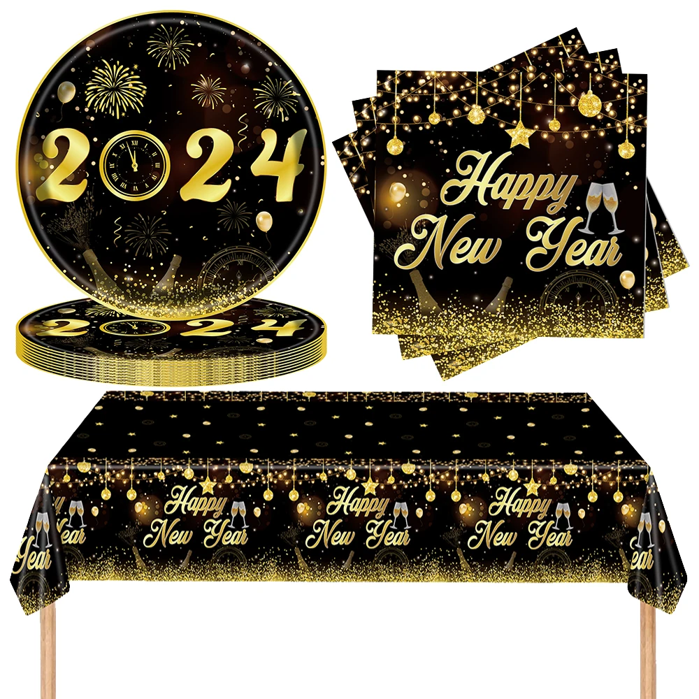 

New Year Napkins paper plates Cups New Year Tablecloths Table cover 2024 New Year party Decorations New Year eve party supplies