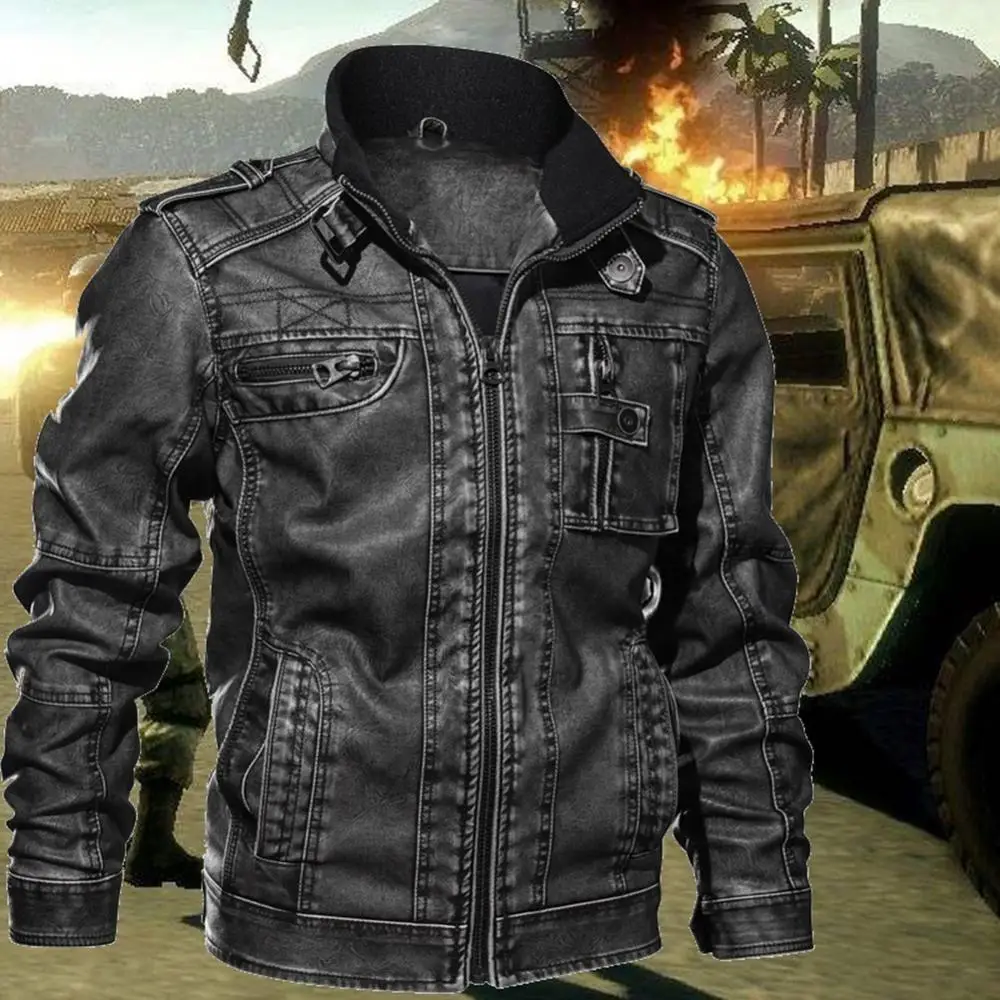 Description Picture 5 of itemAutumn Men Fashion Faux Leather Stand Collar Casual Motorcycle Biker Jacket Coat