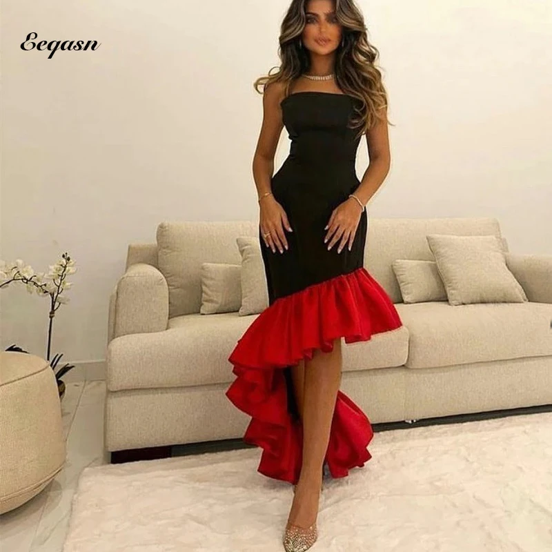 

Saudi Arabic Black and Red Evening Dresses Asymmetrical Strapless Satin Formal Dress Mermaid Party Prom Gowns