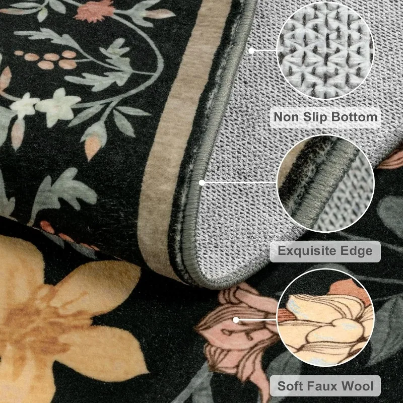 Retro Living Room Carpet Nordic Style Plant Flower Print Bedroom Rug Large Area Machine Washable Non-slip Coffee Table Mat Tapis