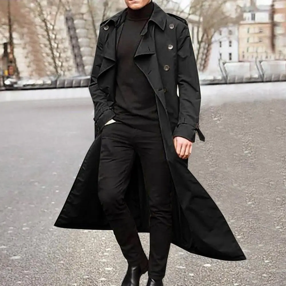 Cool  Coat Extra Long Solid Color Male Jacket Double-breasted Trench Coat Overcoat for Autumn