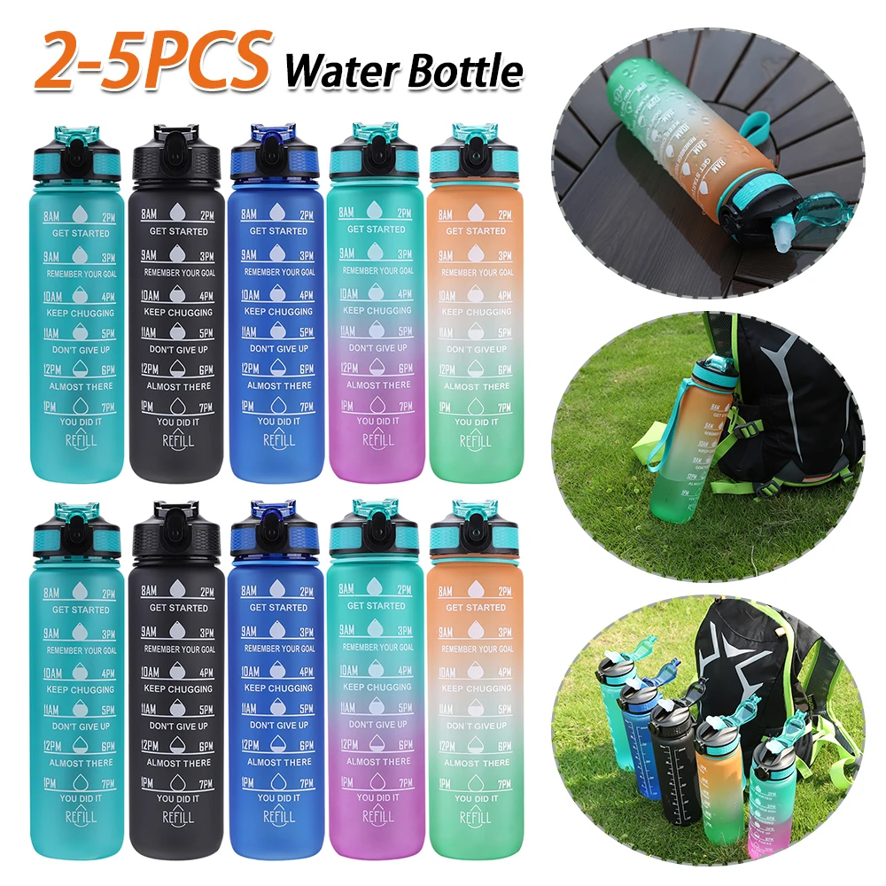 2-5PCS 1000ml Plastic Frosted Cup Leakproof Straw Water Bottle BPA-Free Portable Drinking Cup with Time Scale Fitness Cycling