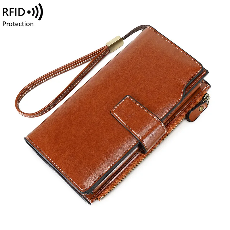 Women's PU Leather Wallet RFID Anti-theft Brush Long Oil Wax Leather Retro Wallet European And American Large Capacity Handbag no onepaul anti demagnetization short men wallet multifunctional european and american retro personality wallet embossed wallet