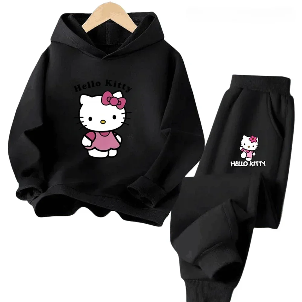 thumbnail image 1 of Conjunto de 2 piezas de sudadera y pantalones con estampado de dibujos animados de Hello Kitty Kawaii, ropa de primavera y otoño para niños y niñas, chándal de moda para niños, 1 of 4