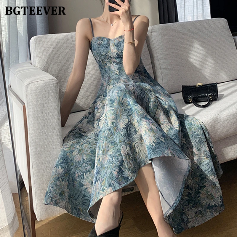 

BGTEEVER Summer Fashion Women Sleeveless Floral A-line Dress Vintage Slim Female Spaghetti Strap Printed Dress Ladies Vestidos