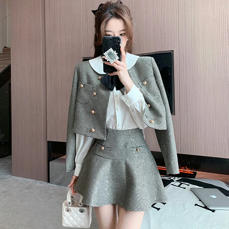 

2023 Autumn Samll Fragrance Women Plaid Tweed Outfits Fashion Long Sleeve Jacket Coat + A-Line Mini Skirts Female Two-piece Set