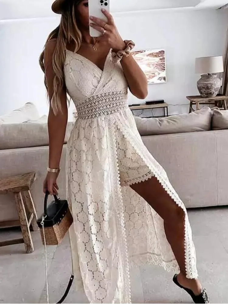 

Sexy Spaghetti Strap Jumpsuit Splicing Lace V-neck Casual Vacation Hollowed Out White Jmpsuits 2023 Summer New Fashion Vestidos