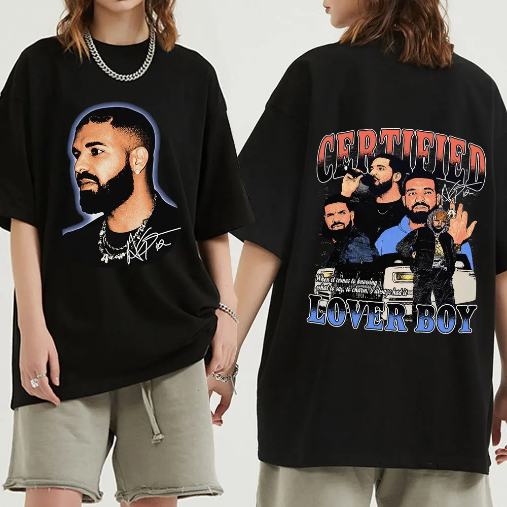 

Rapper Drake T Shirt Certified Lover Boy Double Sided Print T Shirts Men's Fashion Hip Hop Casual Short Sleeve Oversized T-shirt