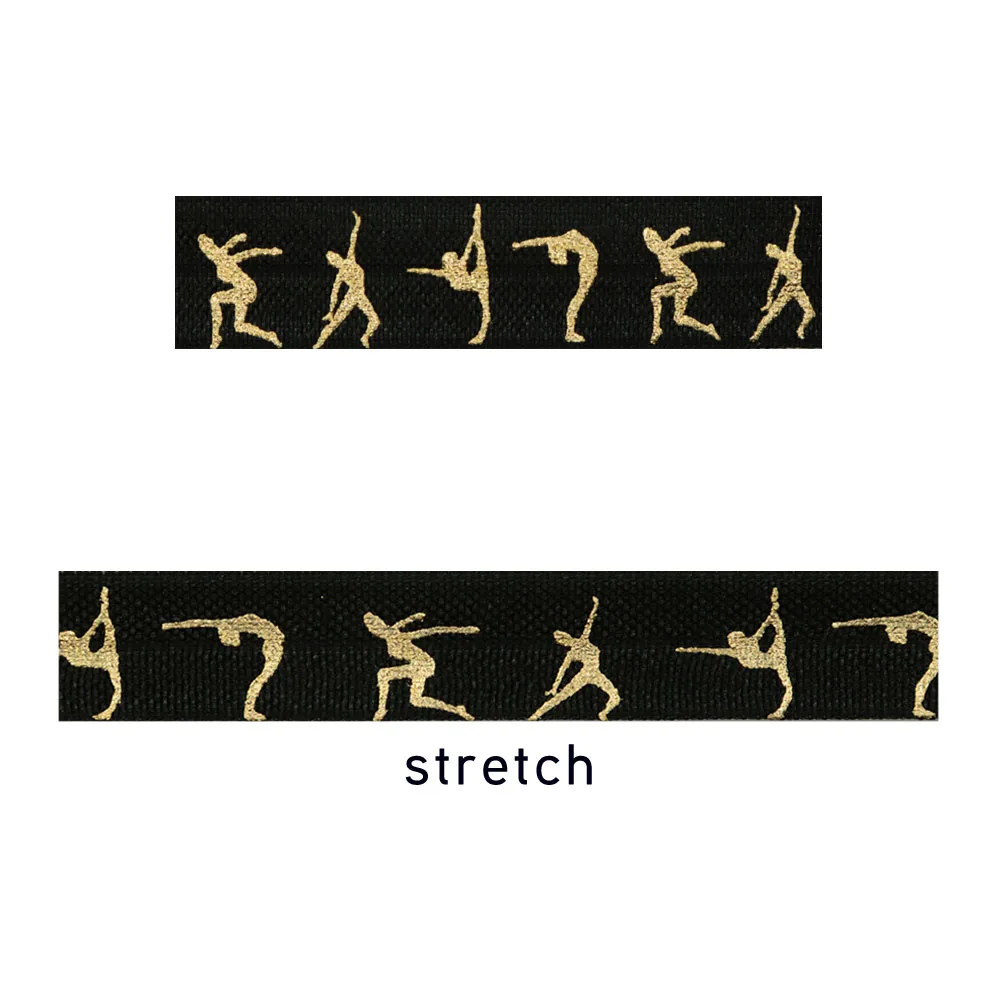 5/8" 15MM Gold Foil Female Gymnasts Printed Fold Over Elastic Band Gymnastics FOE Ribbon For DIY Knot Ties Hair Accessories