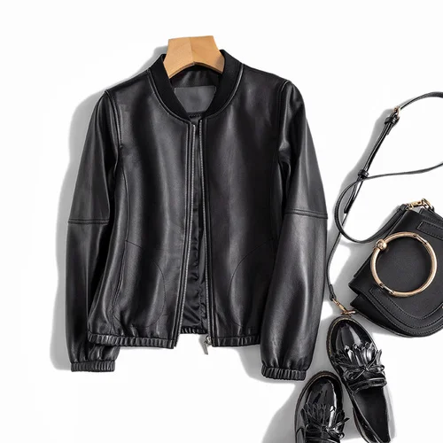 

Jacket Genuine Leather Women Real Sheepskin Leather Jacket Spring Autumn Baseball Uniform Slim 2023 Cuero Genuino Pph399