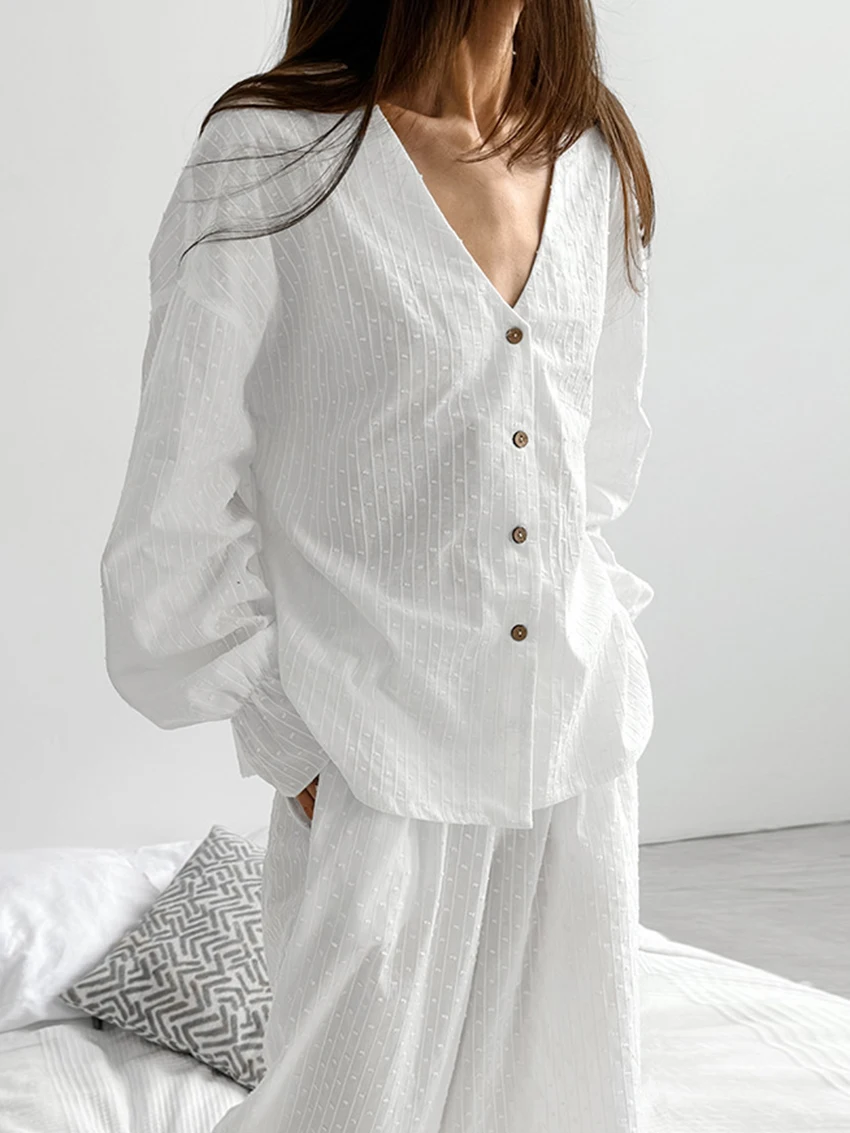 Marthaqiqi Cotton Loose Ladies Pajama Suit Long Sleeve Nightgown Sexy V-Neck Sleepwear Pants Casual Female Nightwear 2 Piece Set