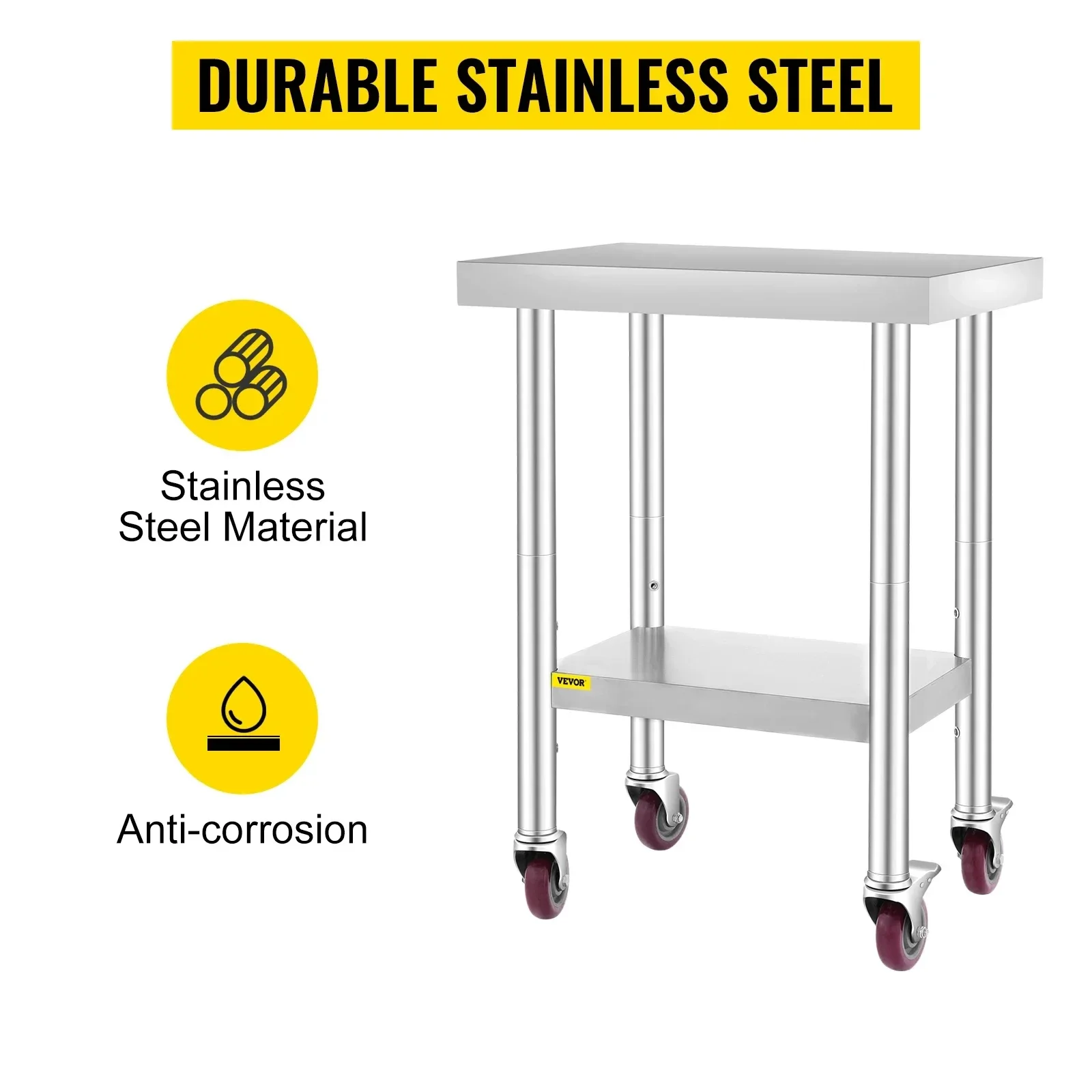 VEVOR Stainless Steel Kitchen Worktable 700lbs with 4Caster Wheels Shelves Commercial Work Bench Table for Restaurant Storage