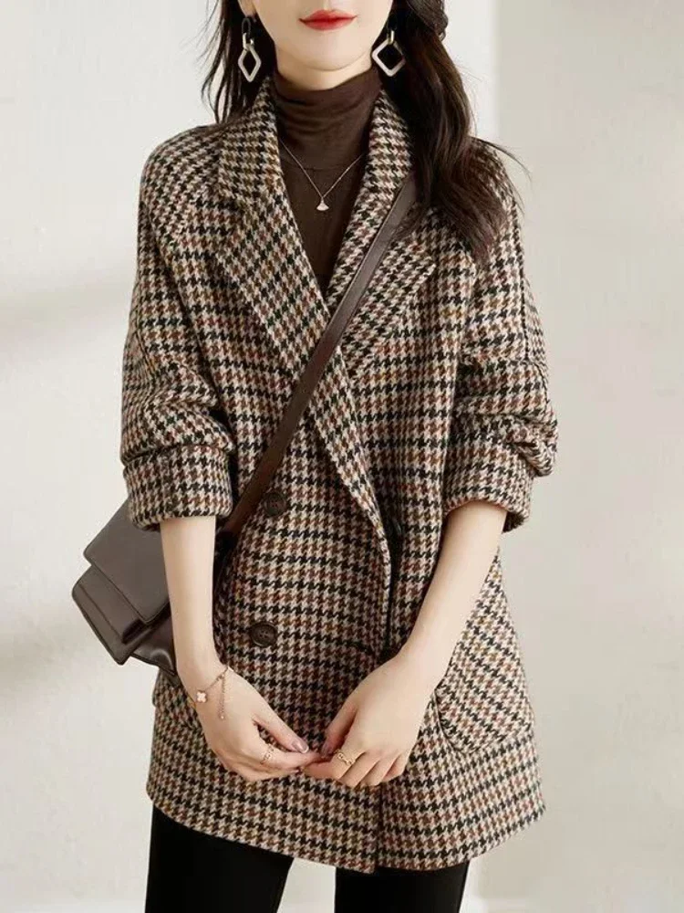 

Collar Thousand Bird Plaid Woolen Coat for Women's Autumn Winter 2024 New Fashion Mid Length Clothing Tops R149