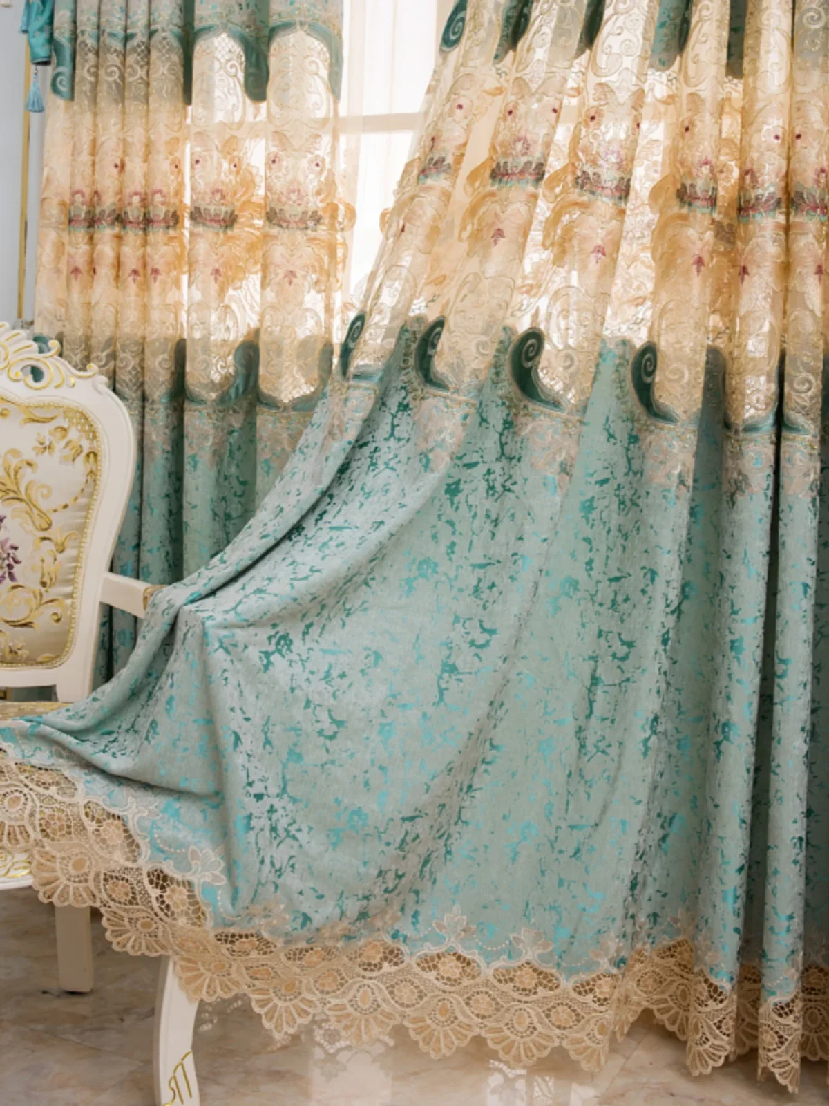 Chenille Cashmere Hollow Out Embroidered Window Screen Green Jacquard Thickened Curtains for Living Room Bedroom French Window 5