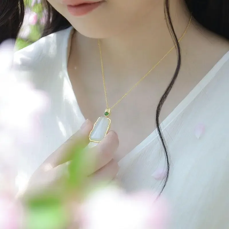 Snowsilver 천연 헤티안 대나무 흰색 옥 펜던트, 중국 복고풍 기질, 고급 라이트 럭셔리 여성 브랜드 쥬얼리