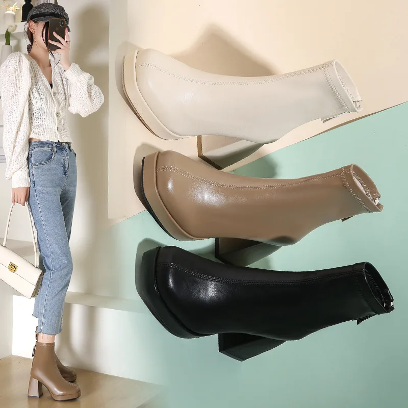 2023 Black Women Ankle Boots Autumn Women PU Leather Boots Short Tube Woman Zipper Boots Ladies Fashion Shoes High Quality
