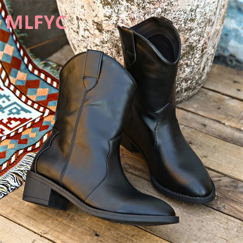 Vintage Western Cowboy Boots Women's Winter New Slim Pointed Mid Sleeve Boots Thick Heel Knight Short Boots
