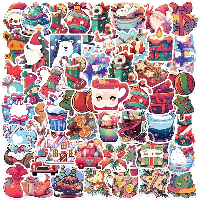 

50pcs Cartoon Merry Christmas Santa Claus Gift Decoration Stickers Kids Toy DIY Stationery Laptop Luggage Window Wall Sticker