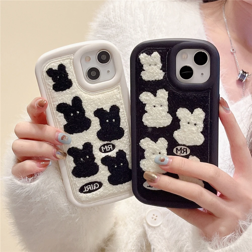 

Korean Lovley Rabbit Embroidery Plush Phone Case For iPhone 15 14 13 12 Pro Max 15 Pro 11 Cute Soft Furry Fashion Silicone Cover