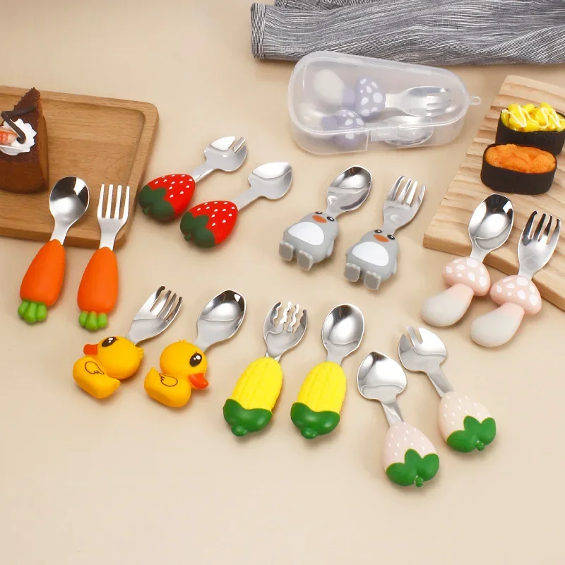 

Детские столовые приборы, мультяшная ложка, вилка, ложка для детского питания, Милые силиконовые столовые приборы, Товары для малышей