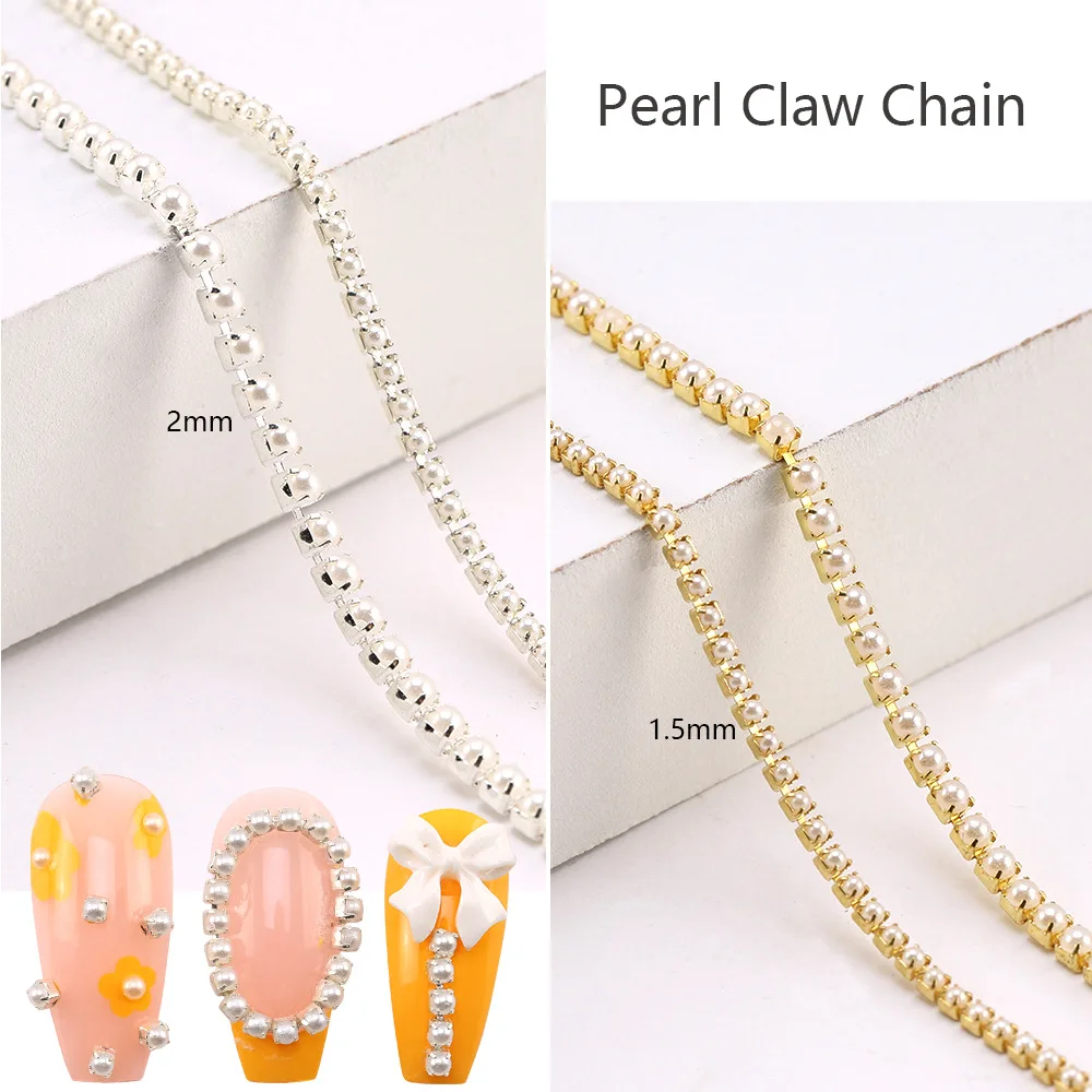 25Cm Pearl Claw Chain Nail Rhinestone 3D Metal Silver Ab Diamond Pearl Chain Can Be Cut Diy Charm Nail Art Decorations Accessory