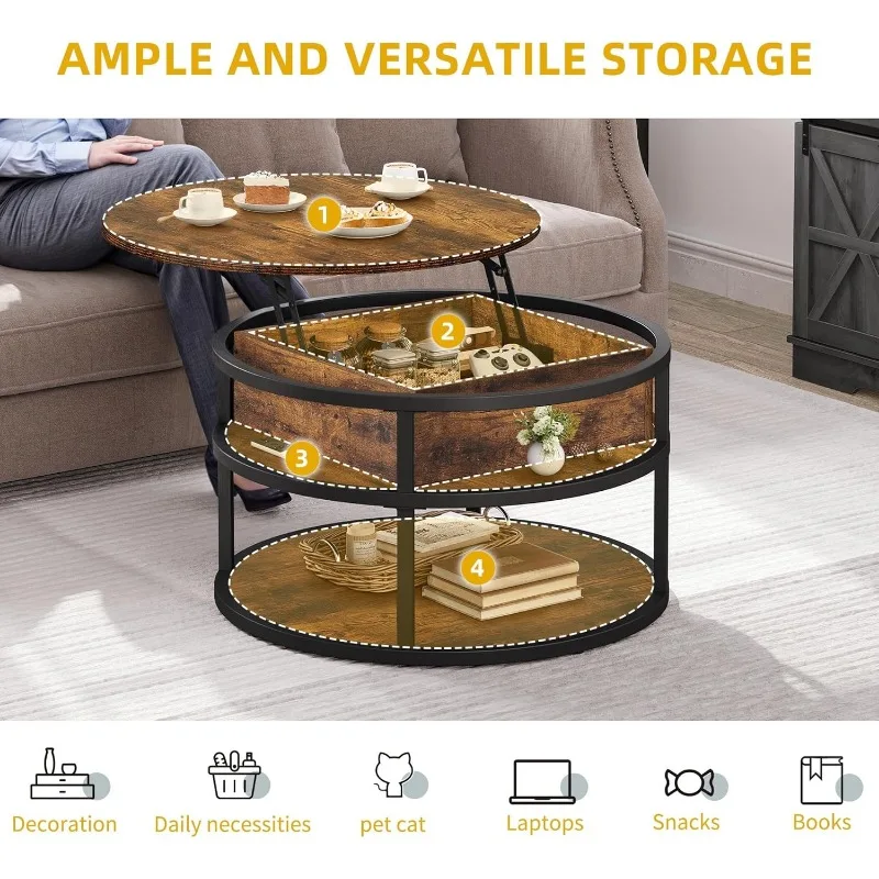 Round Coffee Tables for Living Room,Lift Top Coffee Table with Storage, Farmhouse Wood Coffee Table,Circle Coffee Tables 6