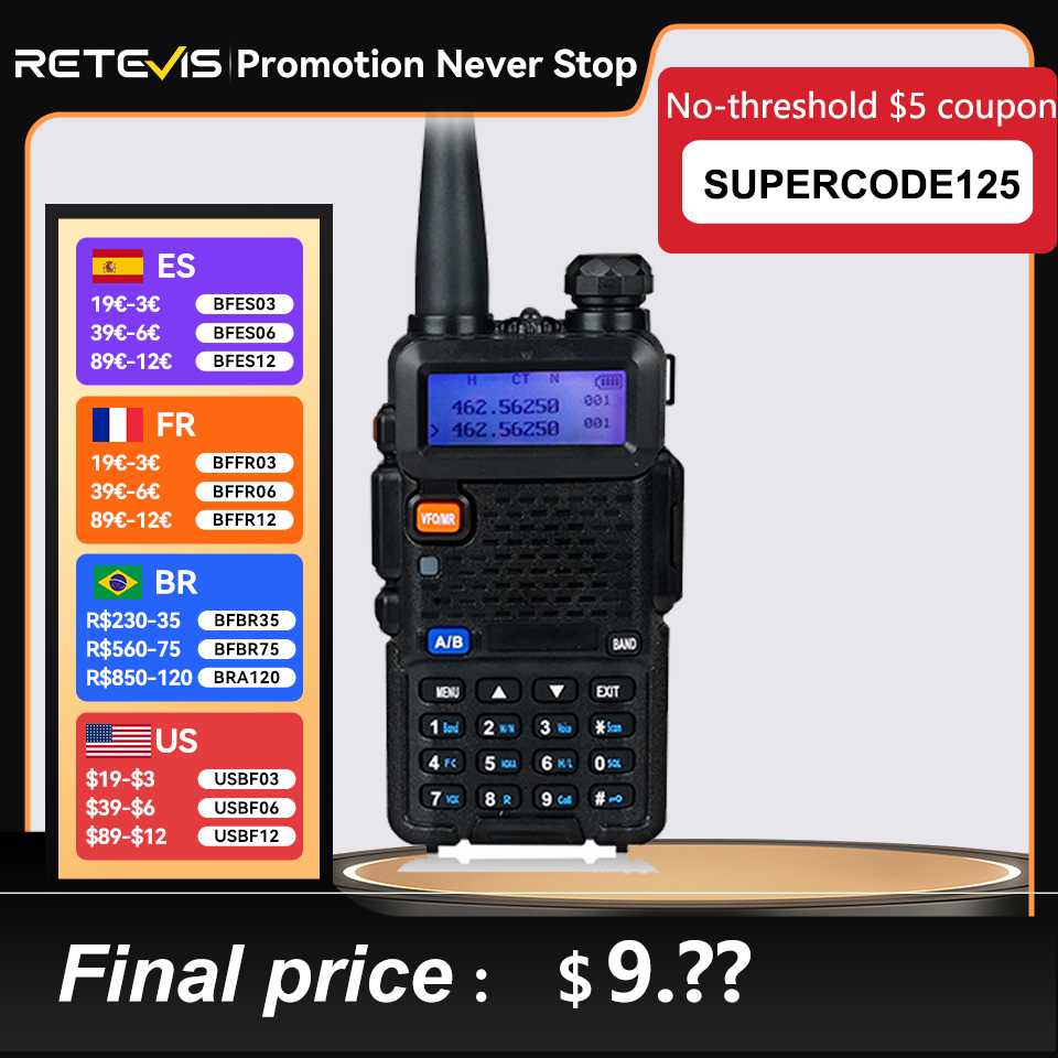 Retevis UV5R Walkie Talkie 5W Long Range Communication Walkie-Talkies UHF VHF Ham Radio Station Amateurs Professional Radio VOX
