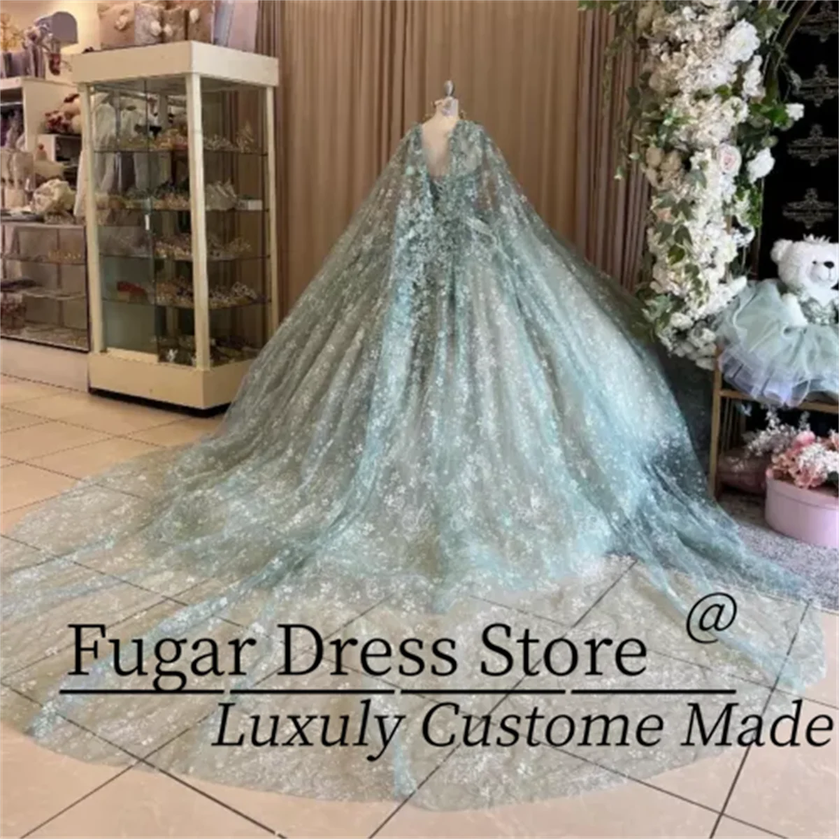 Sage Green Princess Quinceanera Dress Fashion lace Sweetheart Neck Tie Shawl Party Ball Gowns quincea&ntilde;era