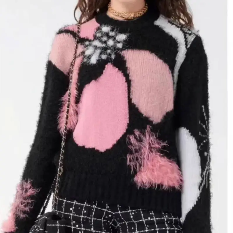 

Runway Flower Vintage Mohair Long Sleeve Sweater Pullovers Women O-Neck Fashion Tops Knitwears Jumpers Winter 2024 Spring Femme