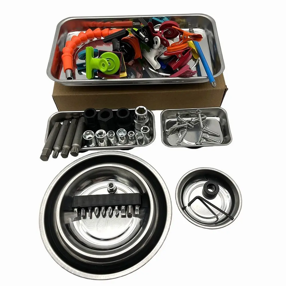 1Pcs 라운드 스퀘어 마그네틱 부품 트레이 자석 다기능 도구 주최자 스테인레스 스틸 실버 부품 그릇