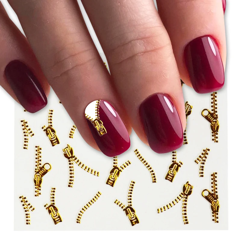 1sheets Gold Zipper 3d Designs Nail Art Stickers Decals Manicure Decor