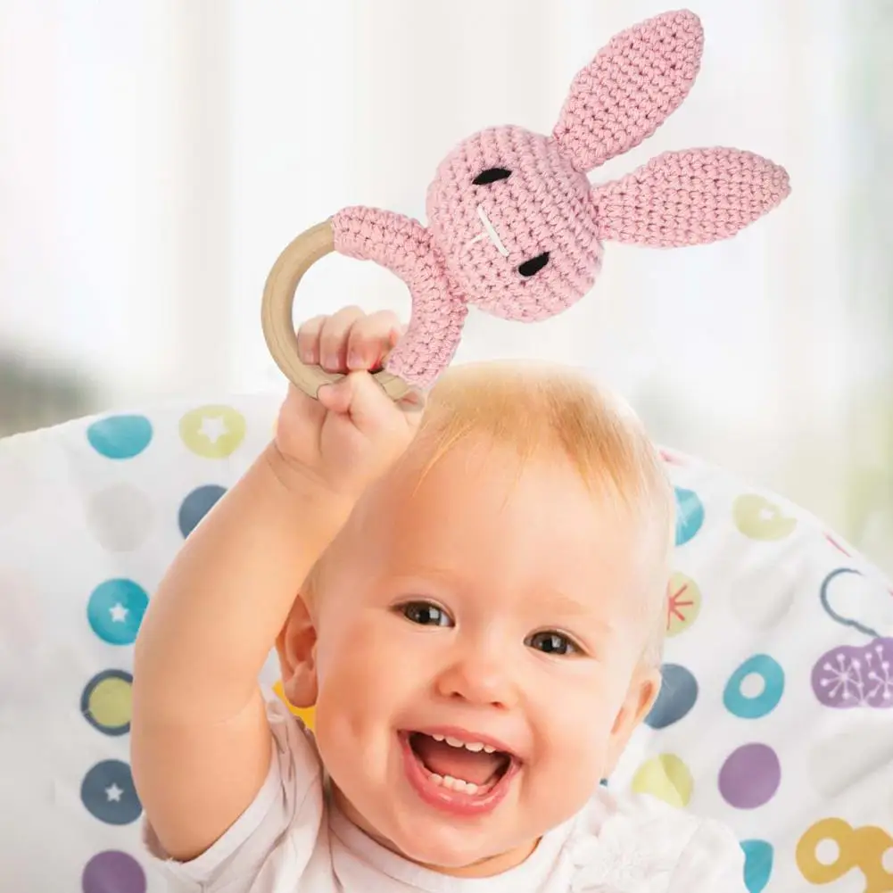 

Babt Teething Ring Handmade Bunny Shape Baby Rattle Crocheted Wooden Ring Grasping Toy for Soothing Training Companion for Boys